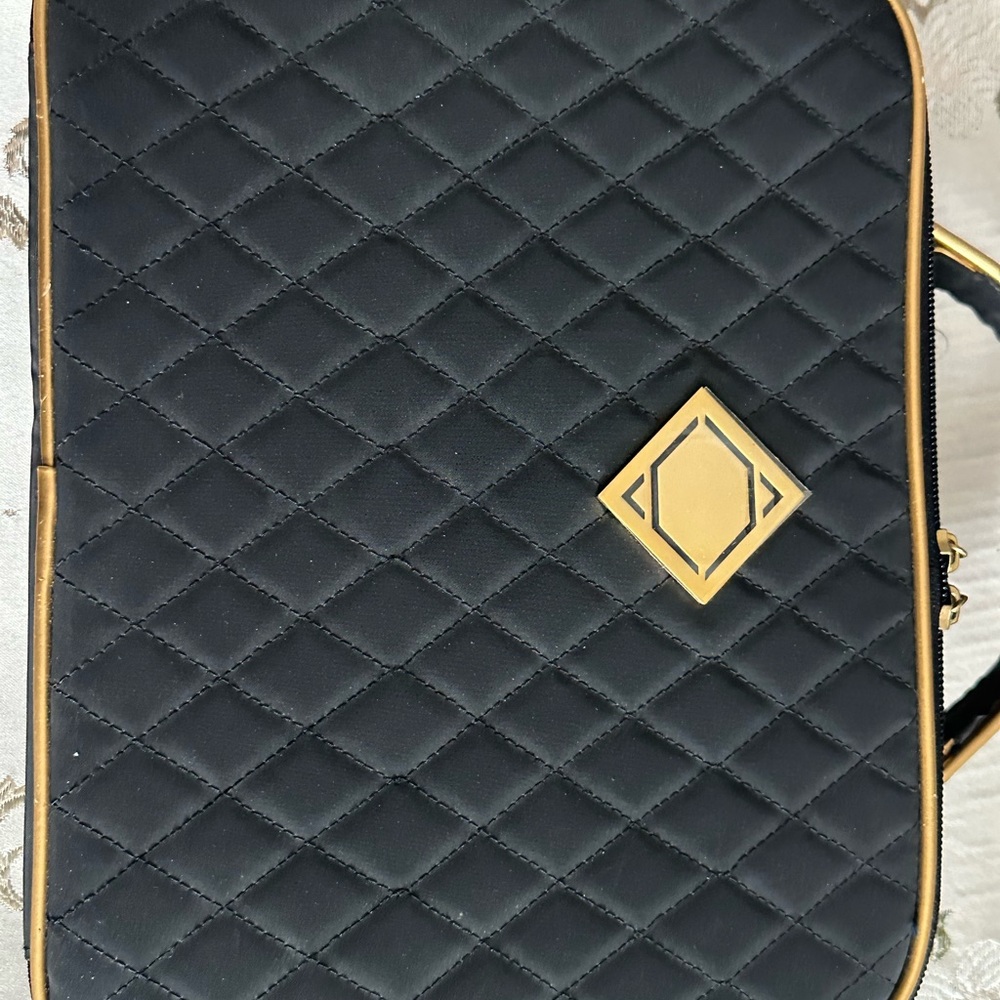 Black Quilted Makeup Bag with Gold Accents